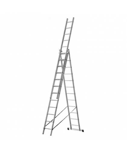 Лестница трехсекционная алюминиевая усиленная, 3*12 ступеней, H=343/594/841см, вес 17,83кг FIT Лестница трехсекционная алюминиевая усиленная, 3*12 ступеней, H=343/594/841см, вес 17,83кг FIT