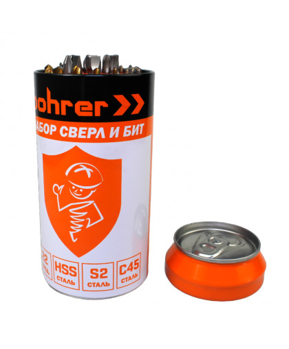 Набор сверл и бит HSS, S2, С45 сталь Bohrer в банке (22шт) Набор сверл и бит HSS, S2, С45 сталь Bohrer в банке (22шт)