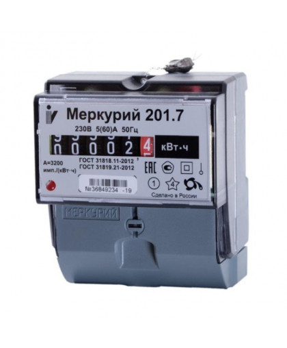 Счетчик 201.7 1ф 1т 5(60)А 6-ти разр. ЭМОУ на DIN-рейку (без планки) МЕРКУРИЙ